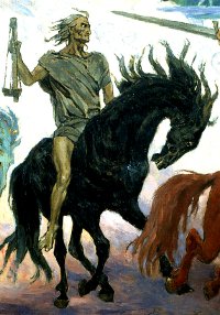 Famine riding his black horse.