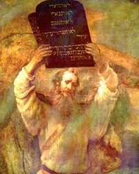 Artist's depiction of Moses with the stone tablet bearing the 10 Commandments.