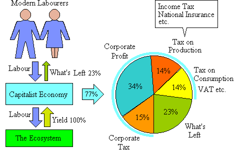 Pie char and schematic showing relative amounts of tax and net income.