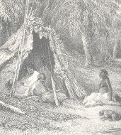 Hunter-gathers: A 19th century engraving of an Indigenous Australian encampment.
