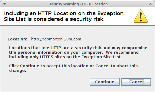 Unfounded fear-inducing warning message about running a self-signed sandboxed applet from an http server.