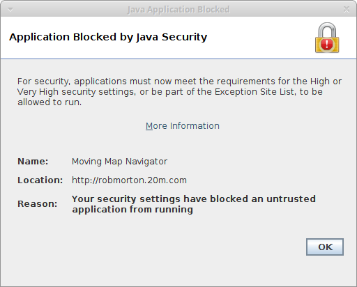 Open Source Web Start 'application unconditionally blocked' advice message.