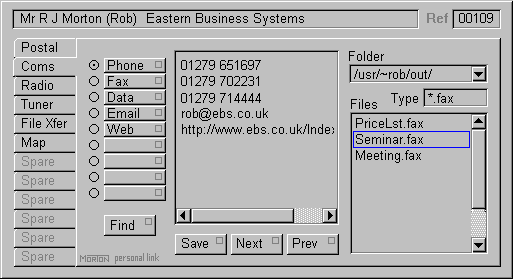 The communications data window of the EBS Personal Link application.