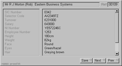 The numeric data window of the EBS Personal Link application.
