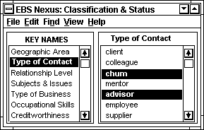 EBS Nexus contact classification and status selection window.