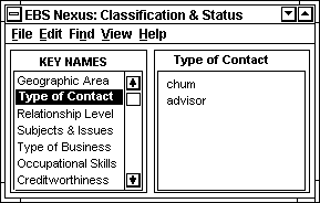 EBS Nexus contact classification and status display window.