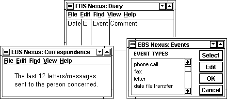 The EBS Nexus diary, correspondence and events windows.