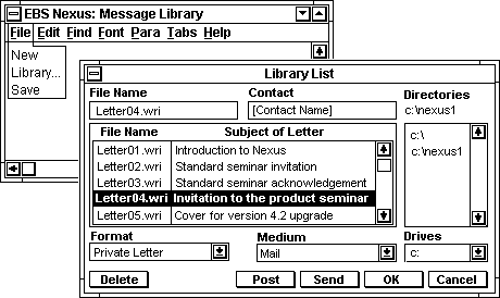 EBS Nexus message library and library list windows.