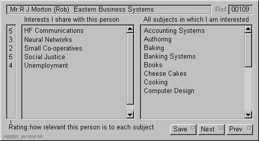 The subjects and issues window of the EBS Personal Link application.