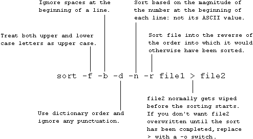 Annotated illustration of the Unix sort command with full options.