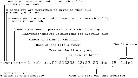Fully annotated illustration of the output of the Unix 'ls -l' command.